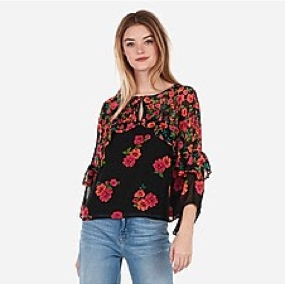 Express Tops - Express Floral Keyhole Ruffle Top Black Red Small